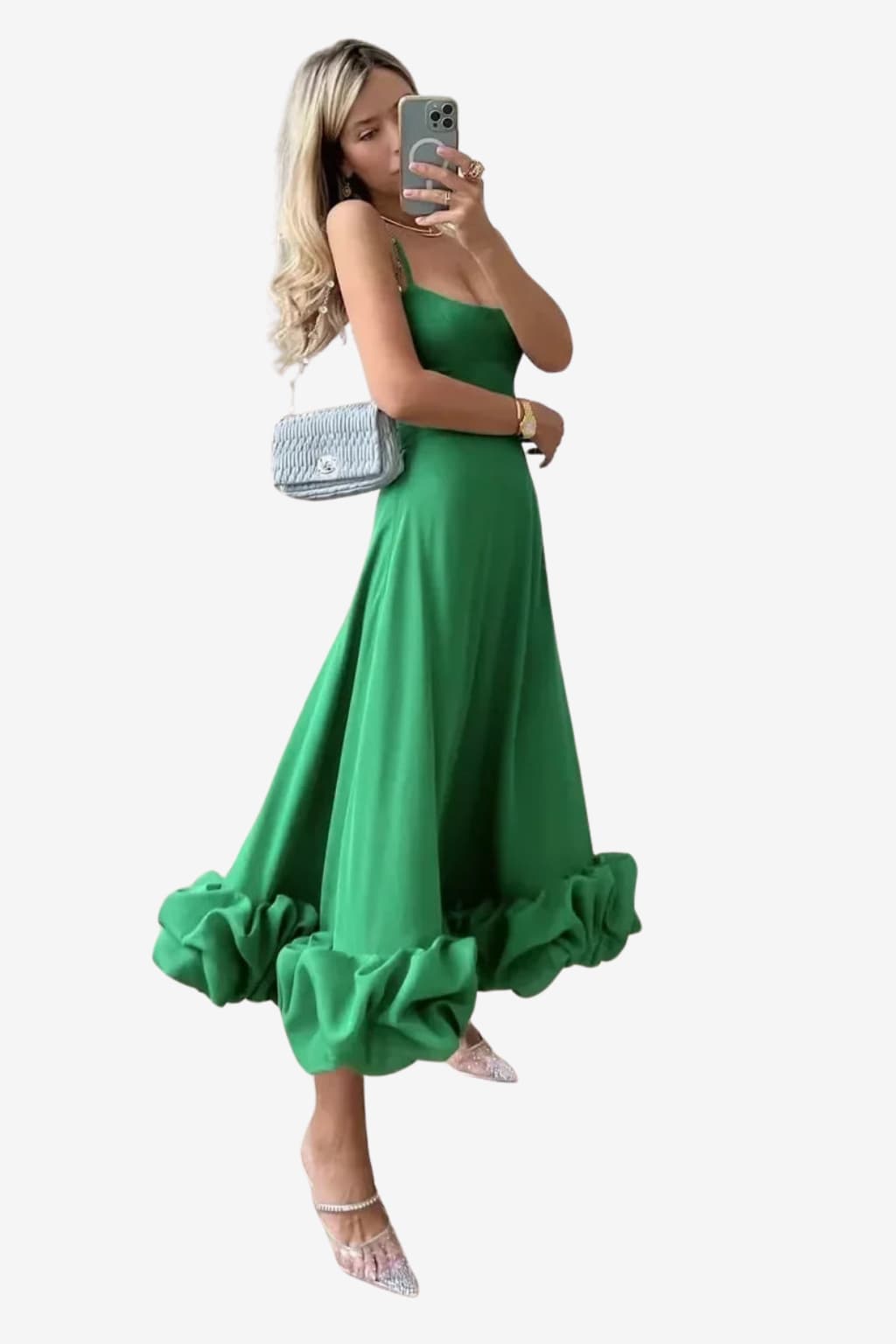 Women's Midi Dress with Spaghetti Straps and Ruffled Hem