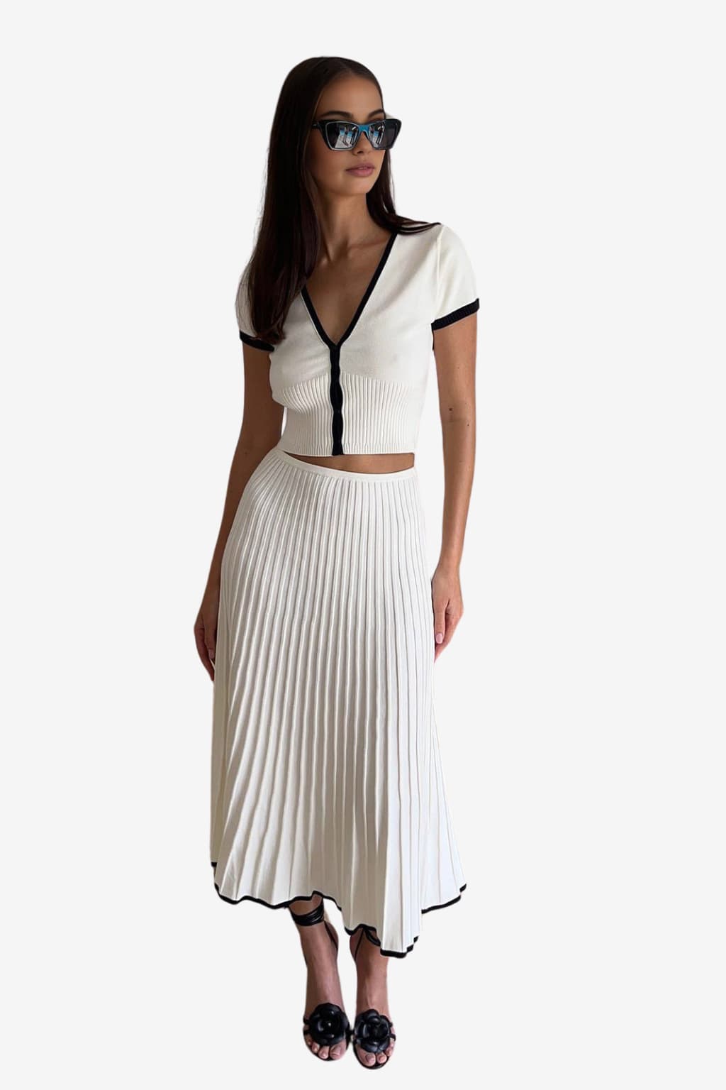 Women’s Knit Skirt Set V-Neck Top &amp; Pleated Midi Skirt