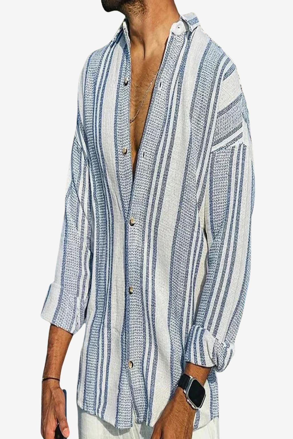Men’s Striped Long Sleeve Linen Blend Casual Shirt