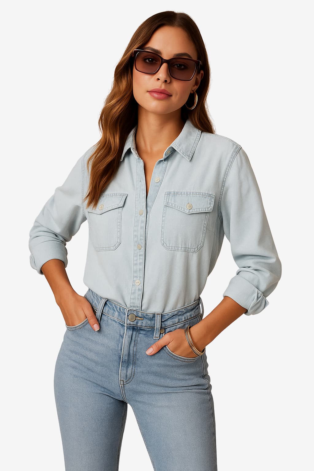 Women's Long Sleeve Denim Shirt Relaxed Fit Button Down