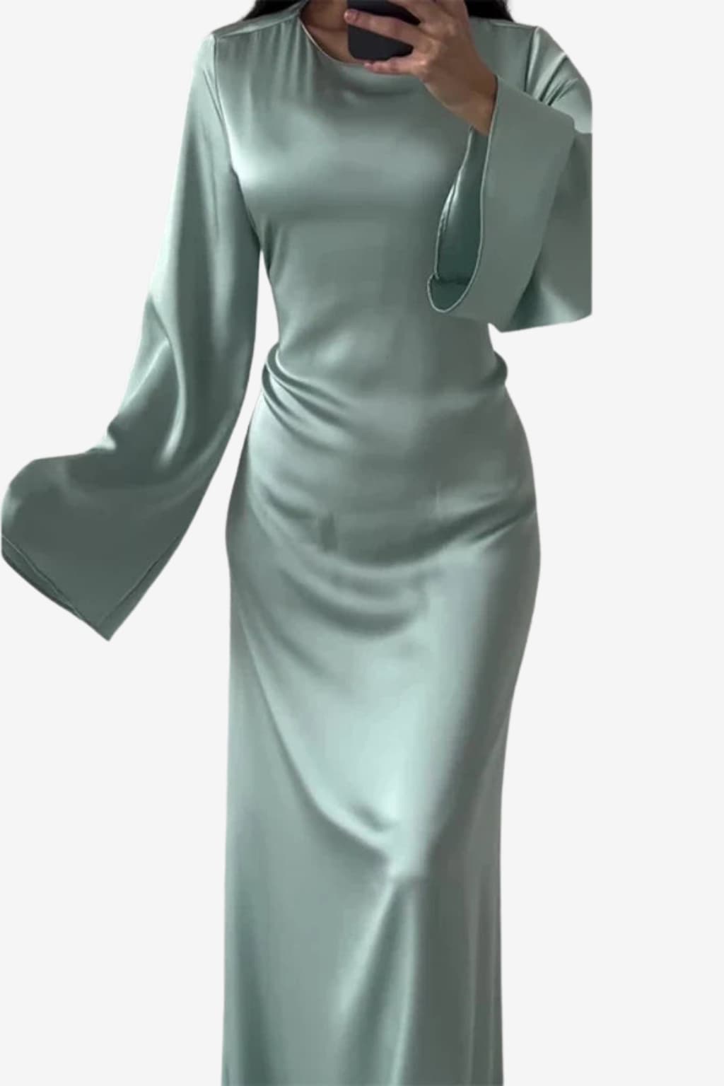 Women's Satin Evening Dress with Flared Sleeves, Maxi Length