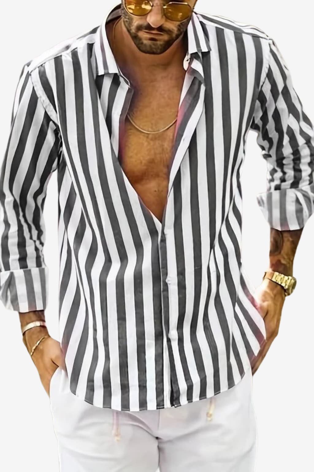 Men’s Long Sleeve Linen Shirt Striped Summer Casual Fit