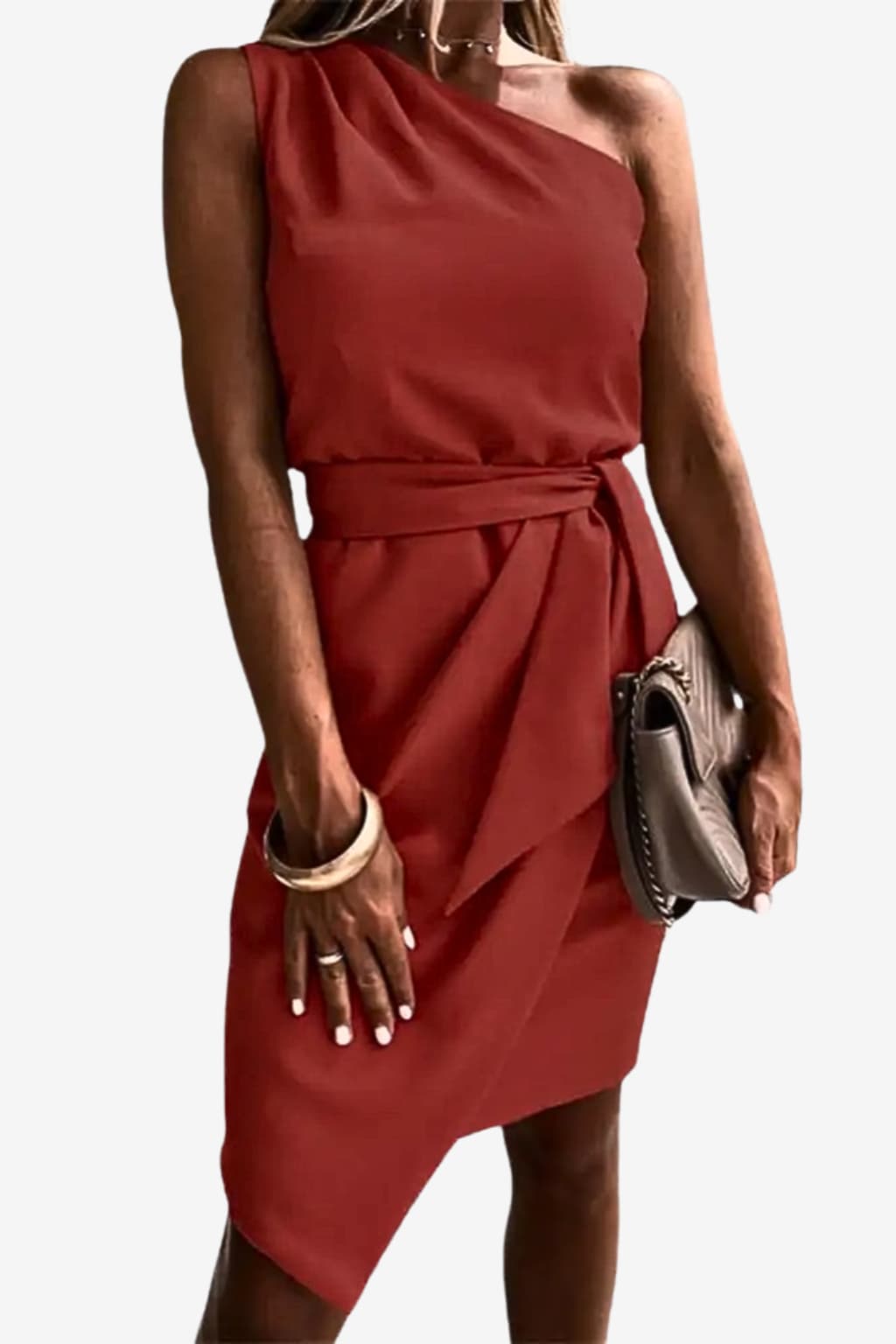 Women's One-Shoulder Mini Dress with Waistband