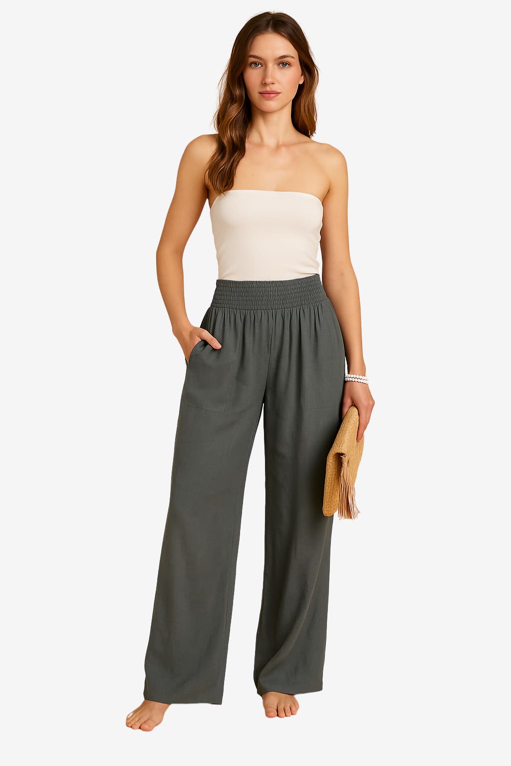 Women’s Wide-Leg Linen Trousers High Waist Elastic Fit