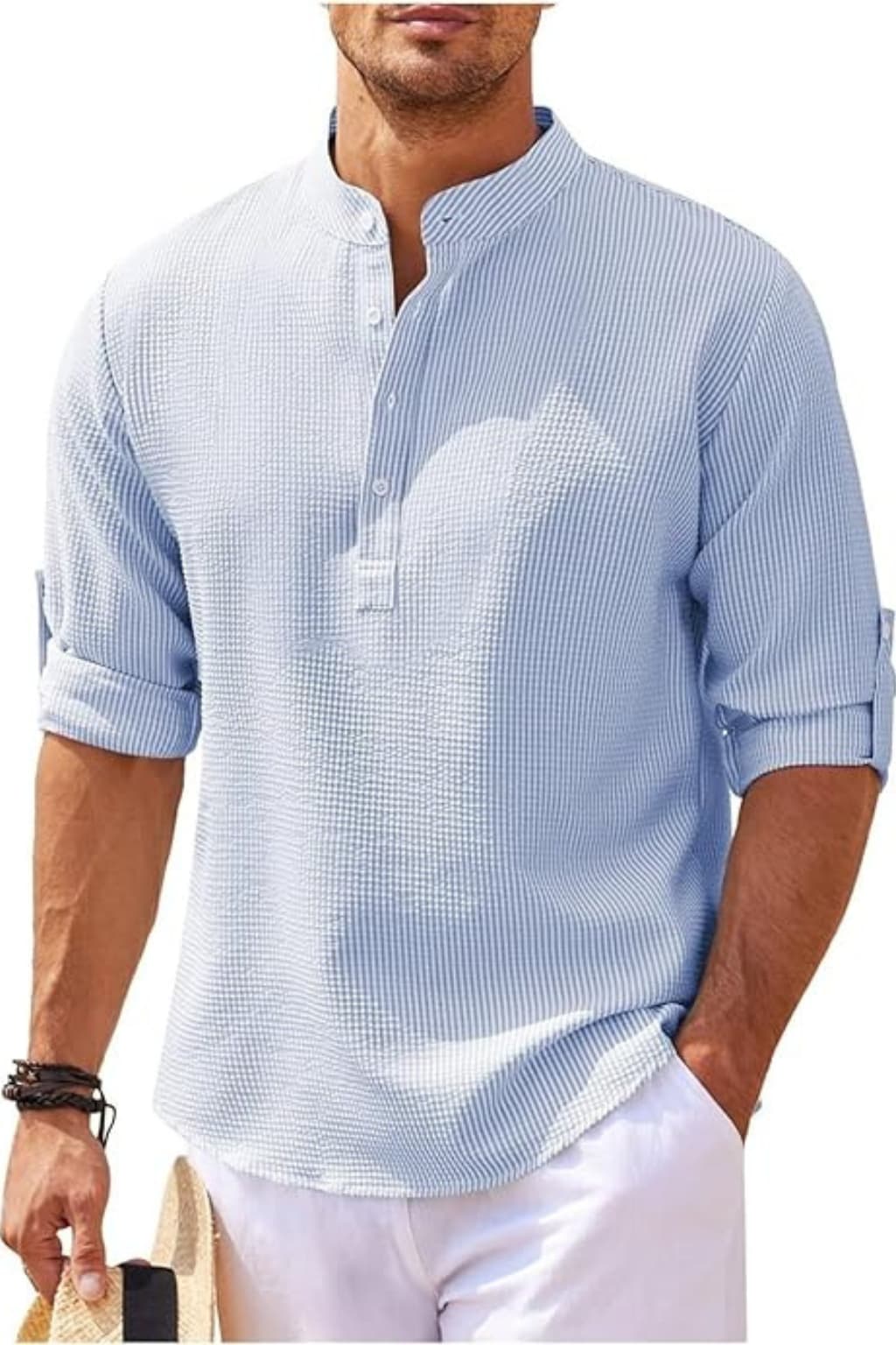 Men’s Linen Blend Shirt Long Sleeve Band Collar Casual