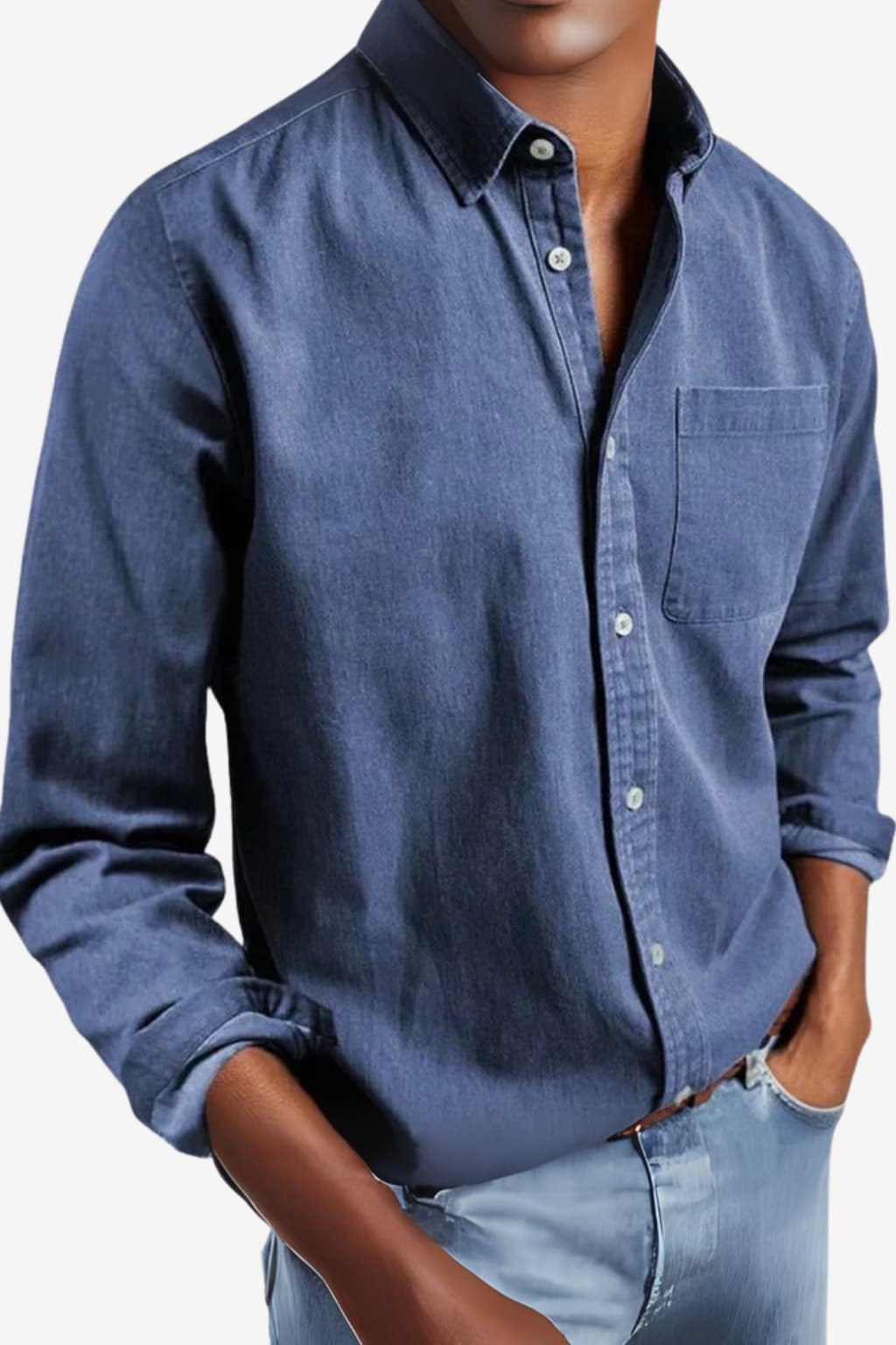 Men’s Long Sleeve Denim Shirt Casual Button-Up Top