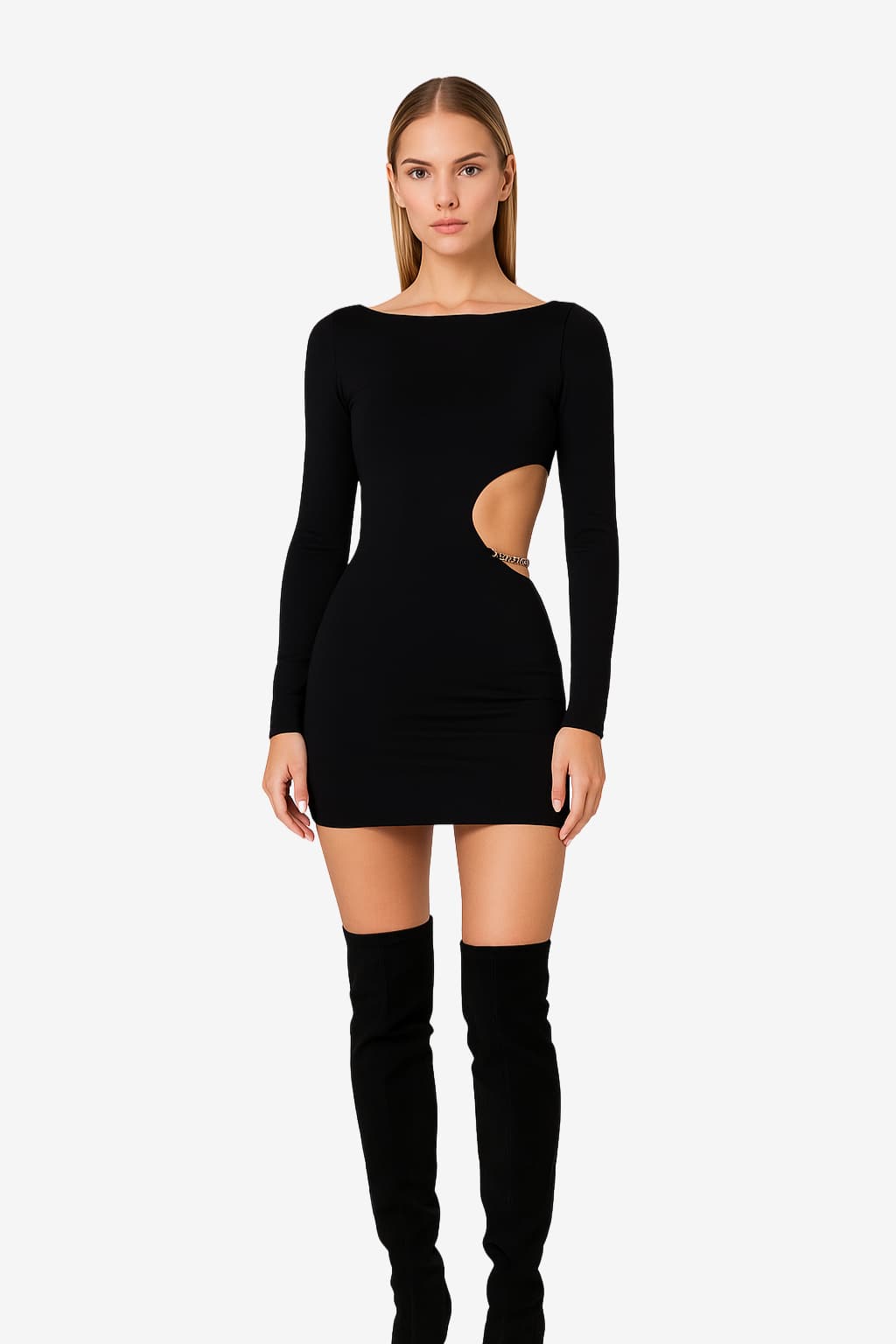 Women's Long Sleeve Bodycon Mini Dress with Side Cutout