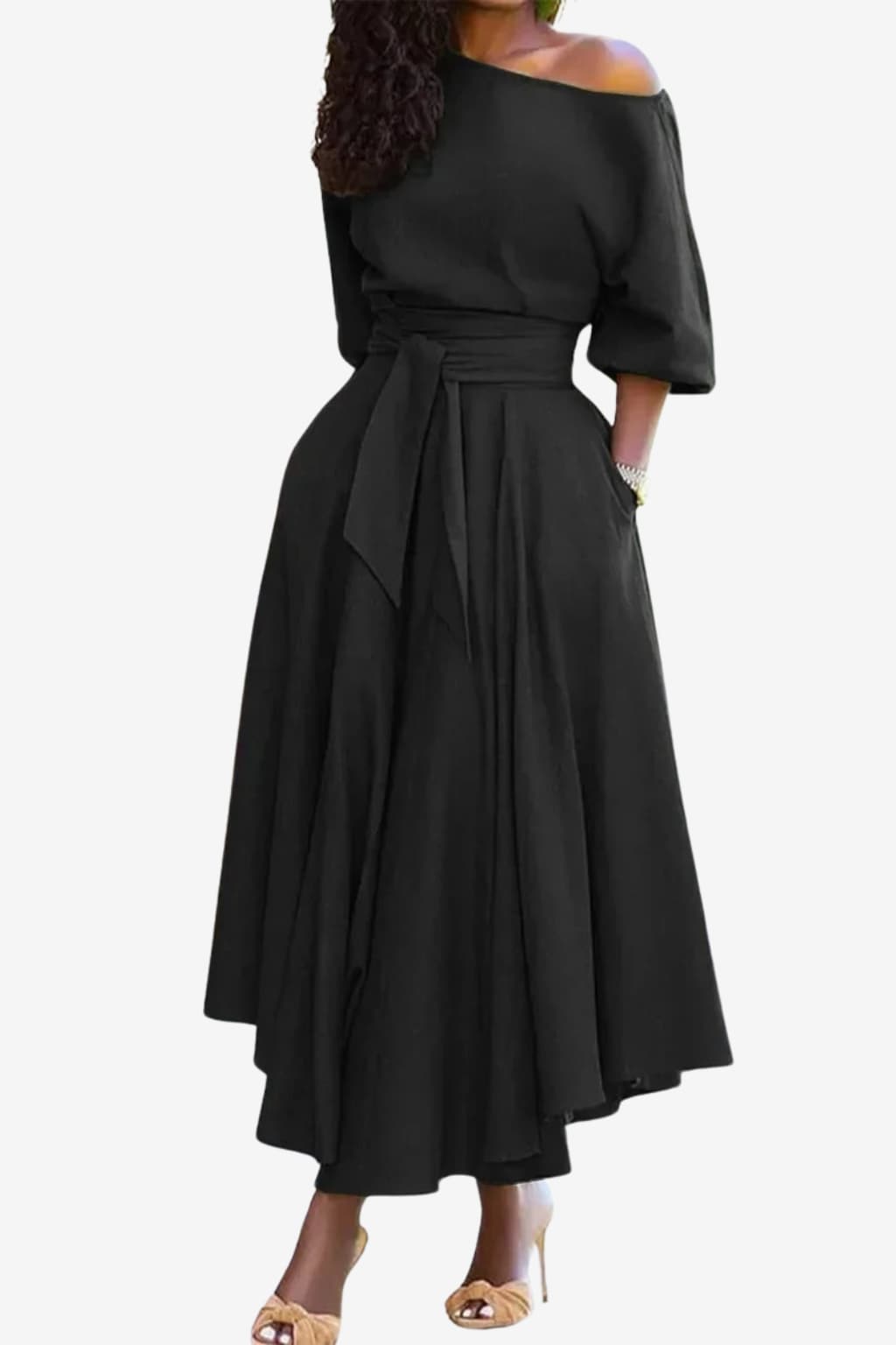 Women’s Off Shoulder Midi Dress Flared Skirt Belted