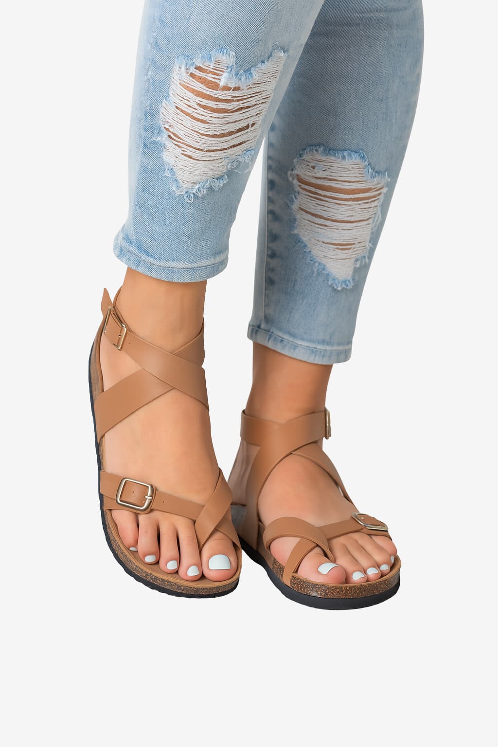 Women’s Gold Strap Sandals with Ankle Buckle Flat Sole