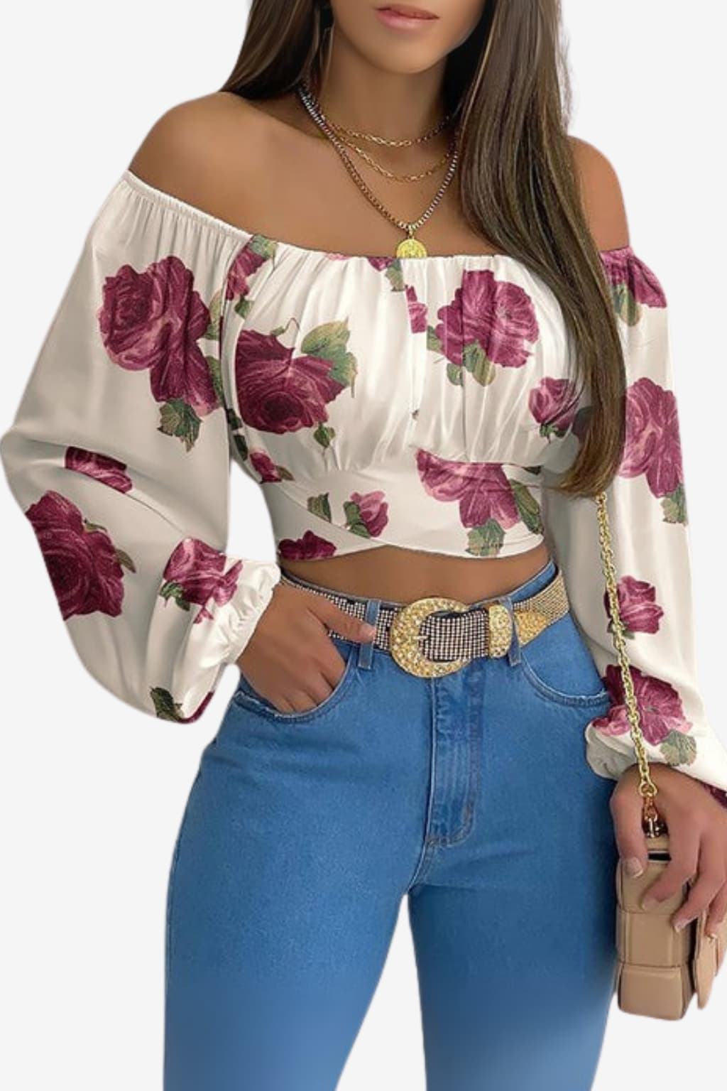 Women’s Boho Off-Shoulder Top Long Sleeve Light Blue