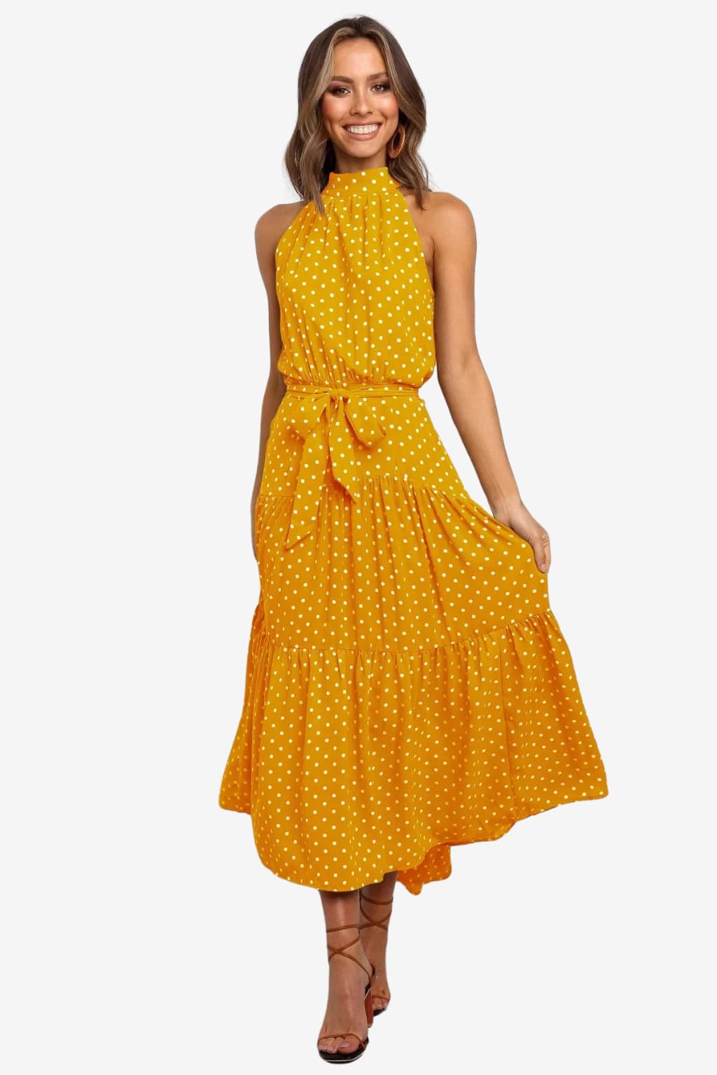 Women’s Polka Dot Halter Midi Dress Sleeveless Fit