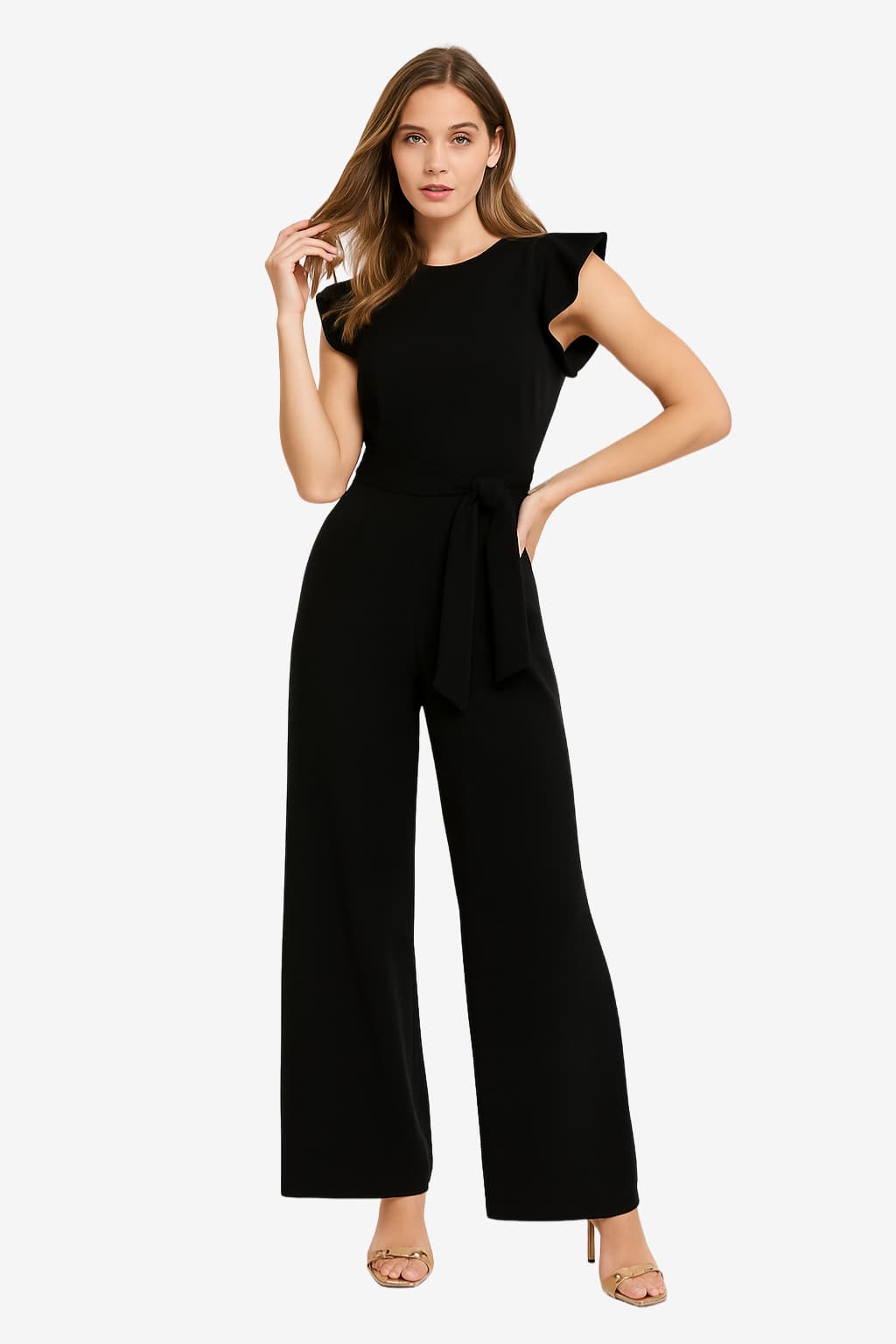 Women’s Wide Leg Jumpsuit with Belt and Cap Sleeves