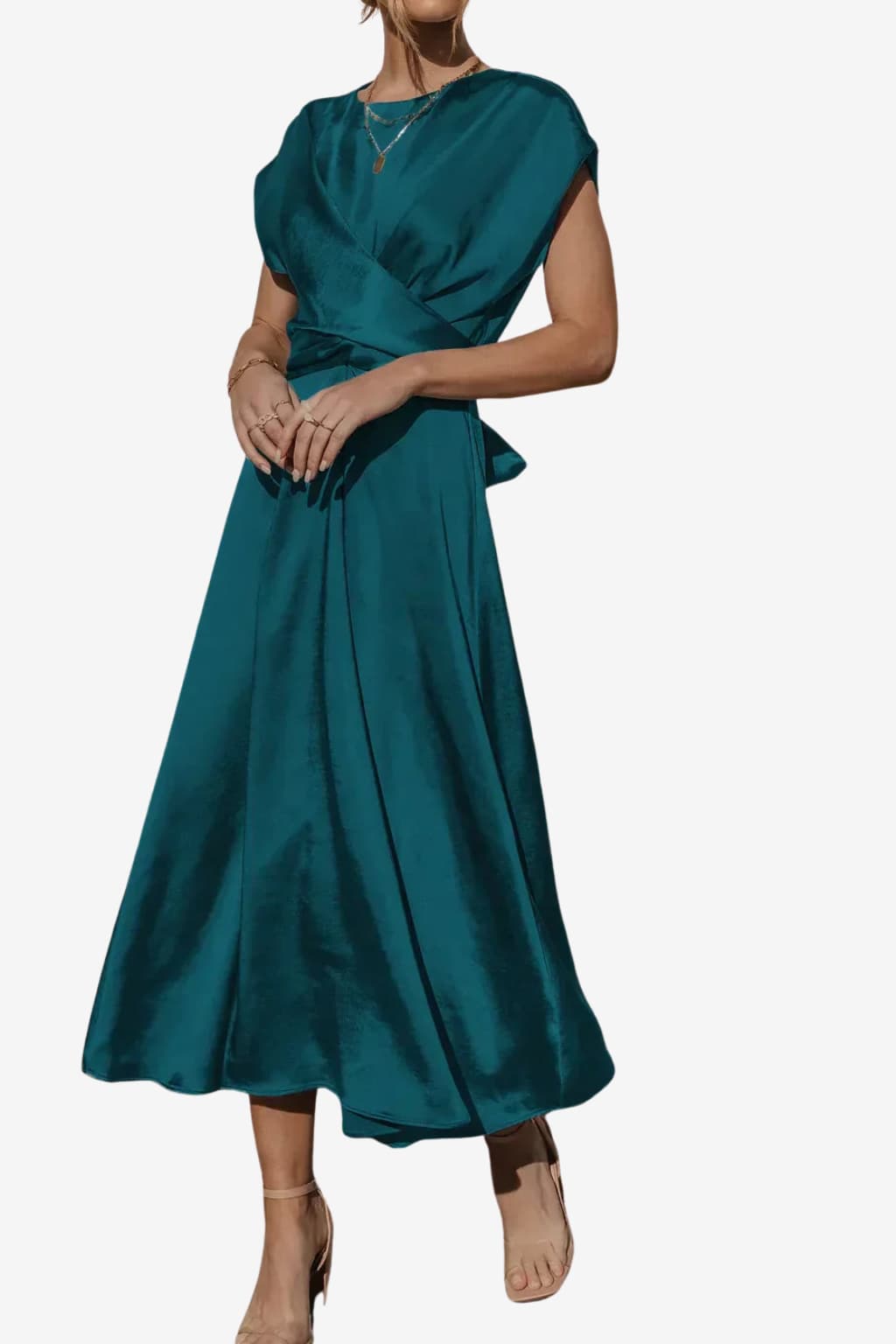 Women’s Satin Midi Dress Asymmetric Neckline Flowy Fit