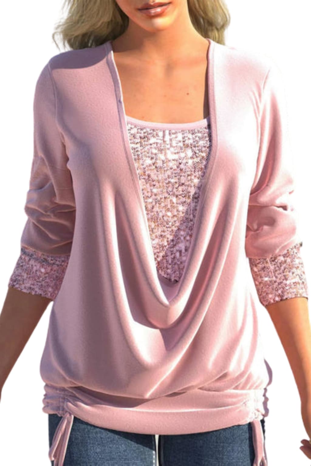 Women's Elegant Sleeve Draped Neckline Sequin Blouse