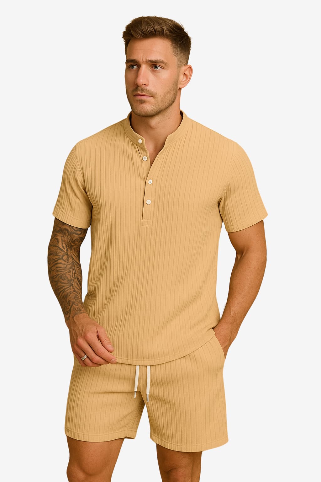 Men’s Ribbed Polo Shirt and Shorts Set Summer Casual