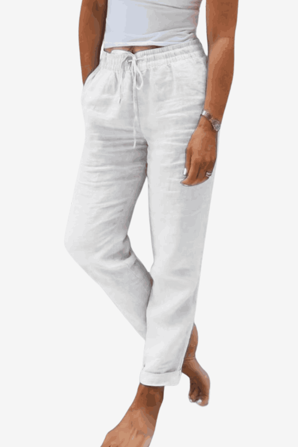 Women's Cotton Linen Relaxed-Fit Pants - Elastic Waist &amp; Drawstring for Casual Wear