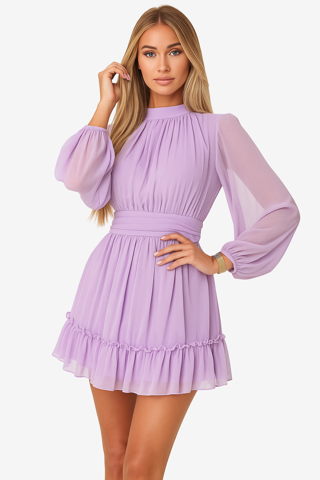 Women’s Pleated Mini Dress Long Sleeve Ruffle Hem