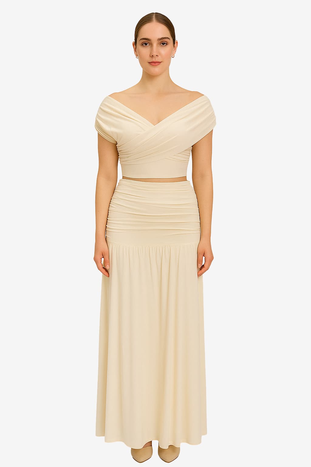 Women's Ruched Off-Shoulder Crop Top and High-Waisted Long Skirt Set