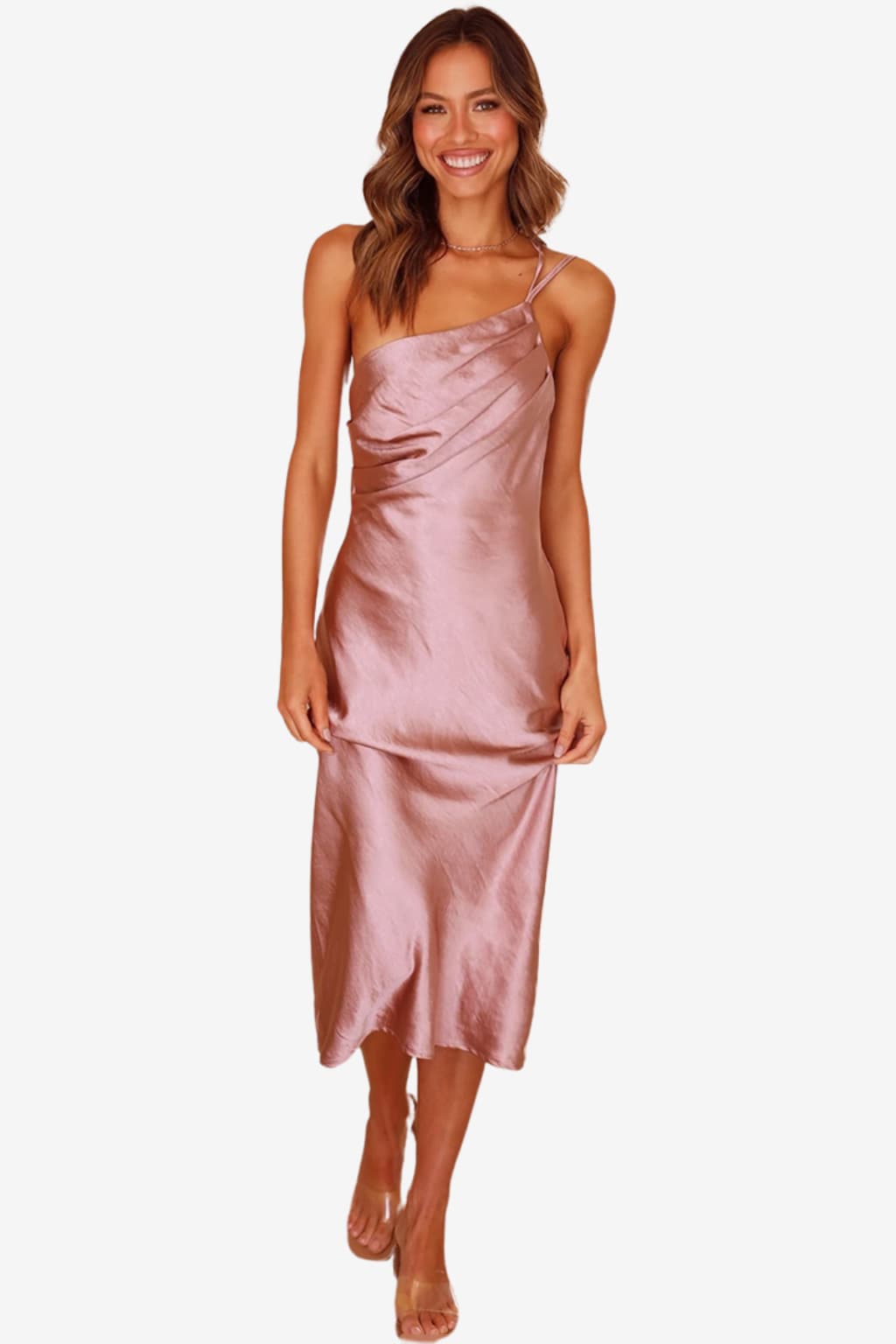 Women's One-Shoulder Midi Dress in Emerald Satin