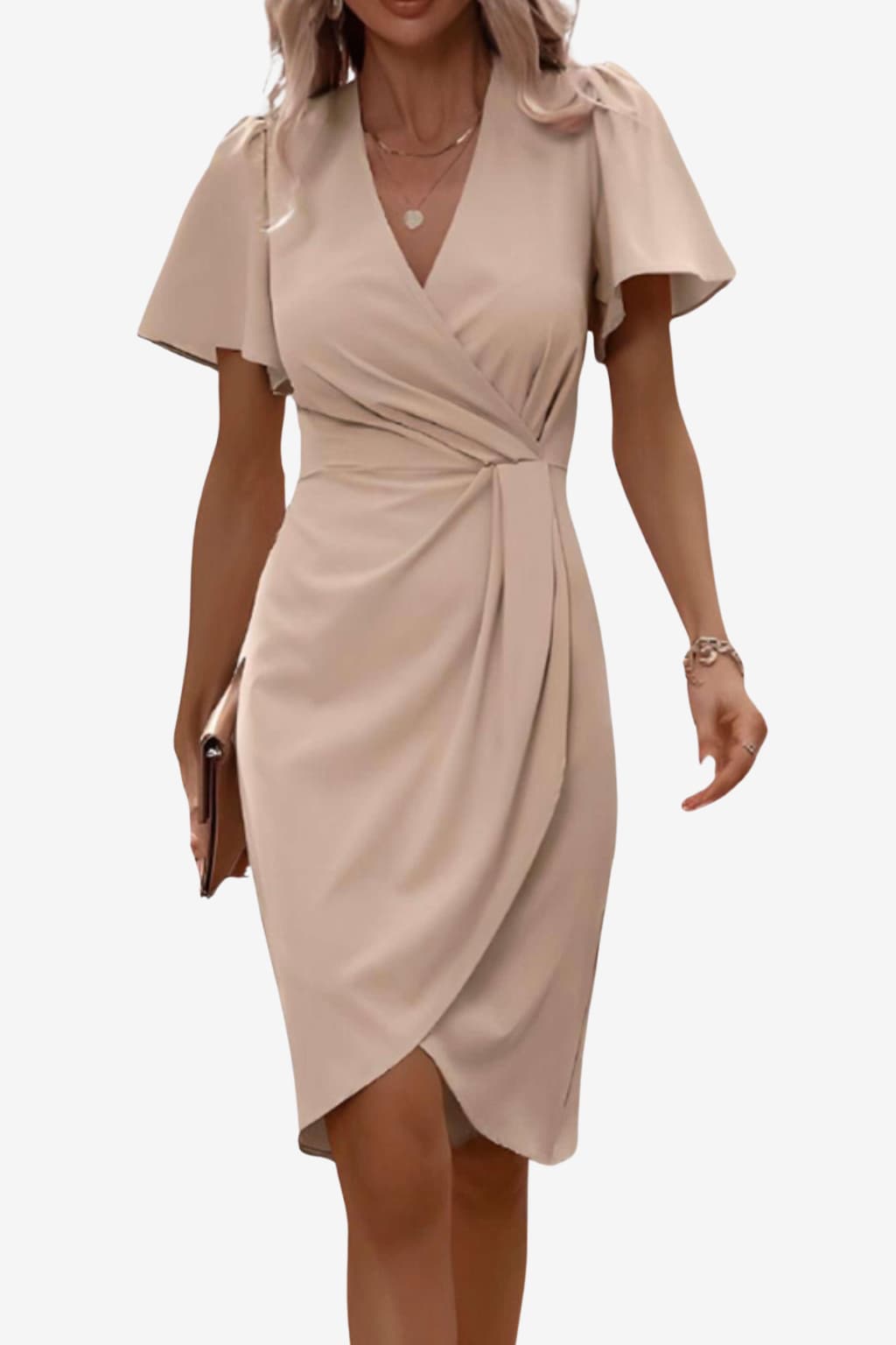 Women's Fitted Wrap Dress V-Neck Flutter Sleeve Midi
