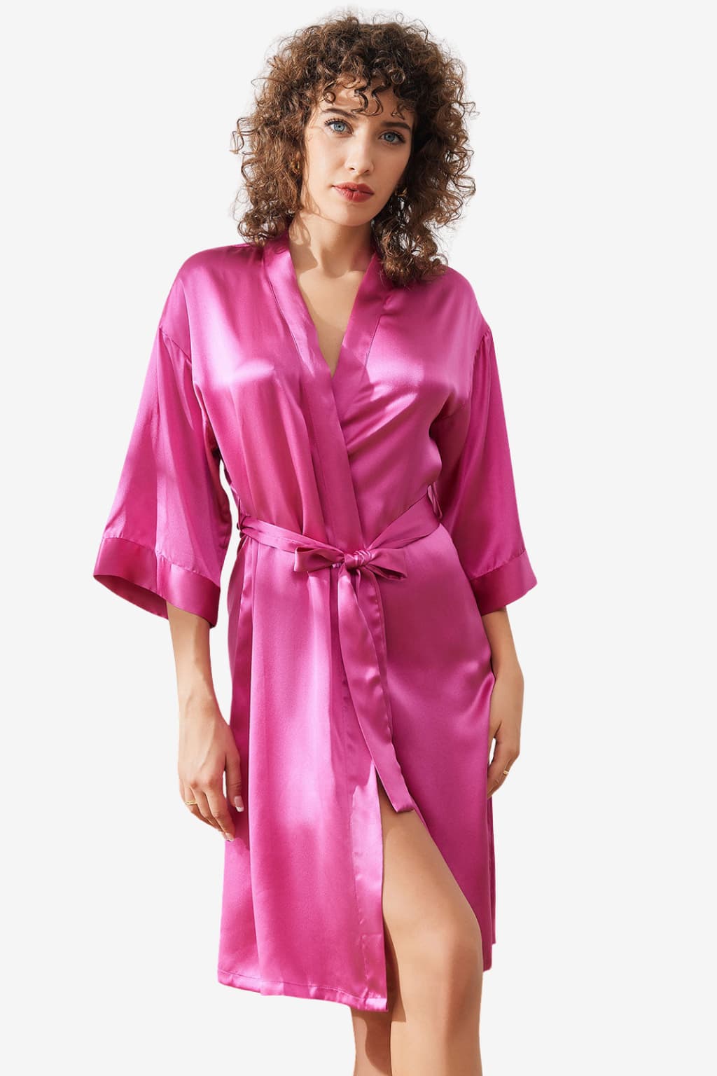 Women's Satin Short Robe with 3/4 Sleeves and Belt