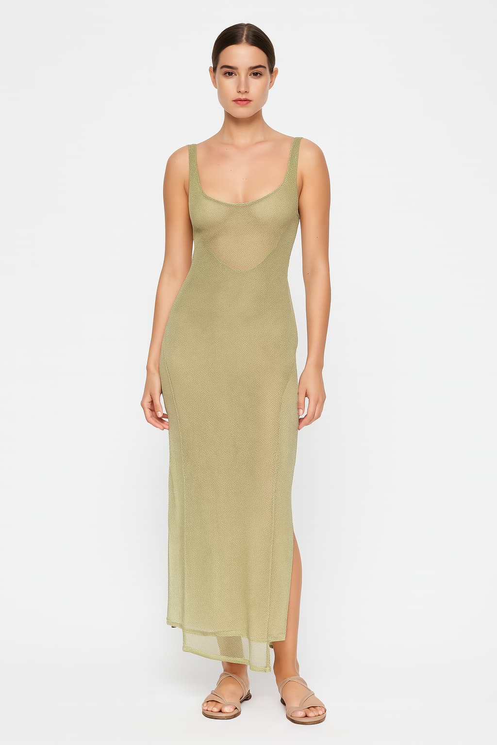 Women's Sheer Mesh Midi Cover-Up Dress with Asymmetrical Hem