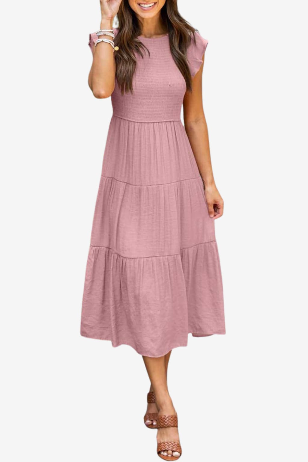 Women's Cotton Pleated Midi Dress Short Sleeve Summer