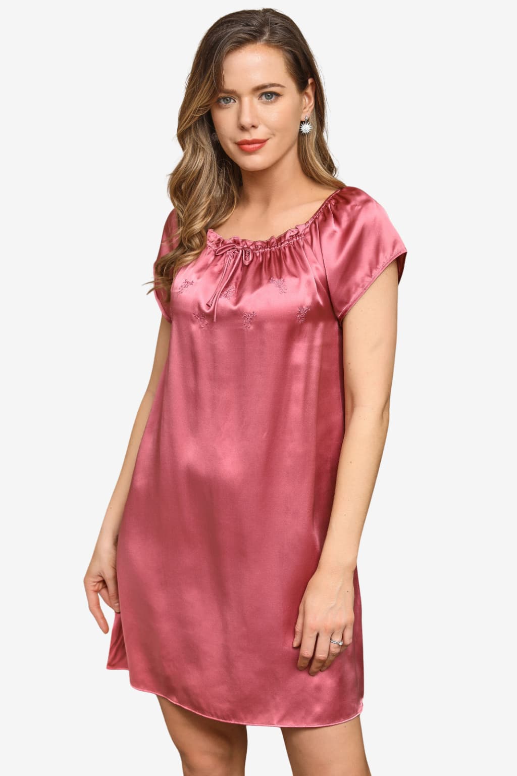 Women's Satin Short Sleeve Nightgown with Tie Neckline