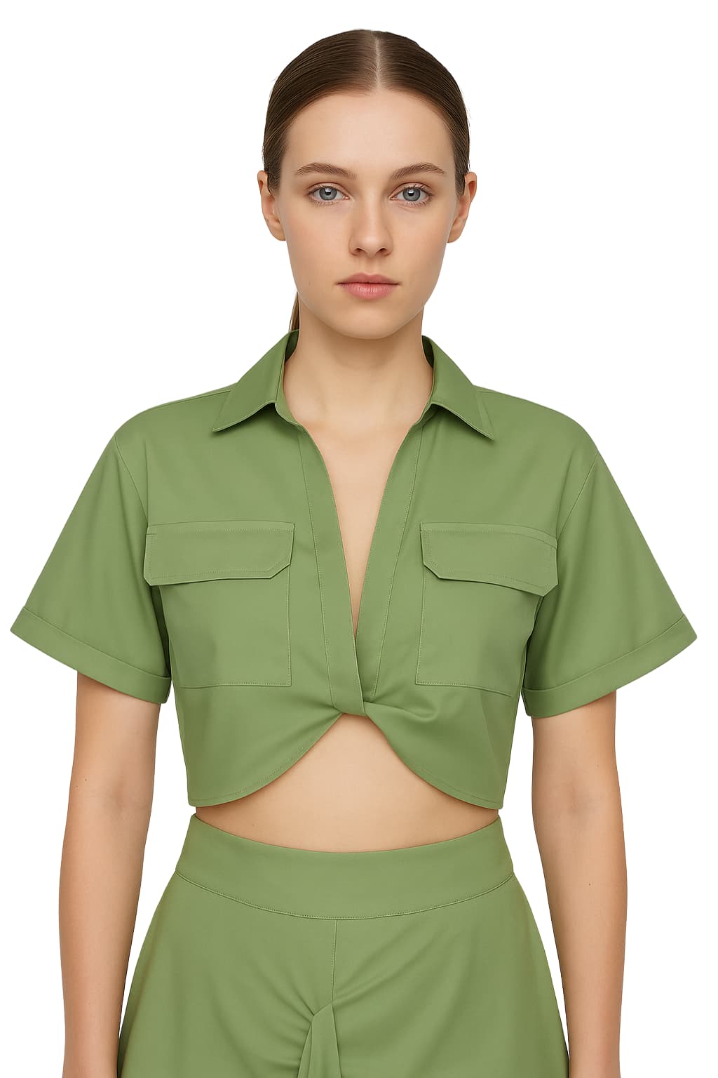 Women’s Cropped Shirt with Flap Pockets Short Sleeve