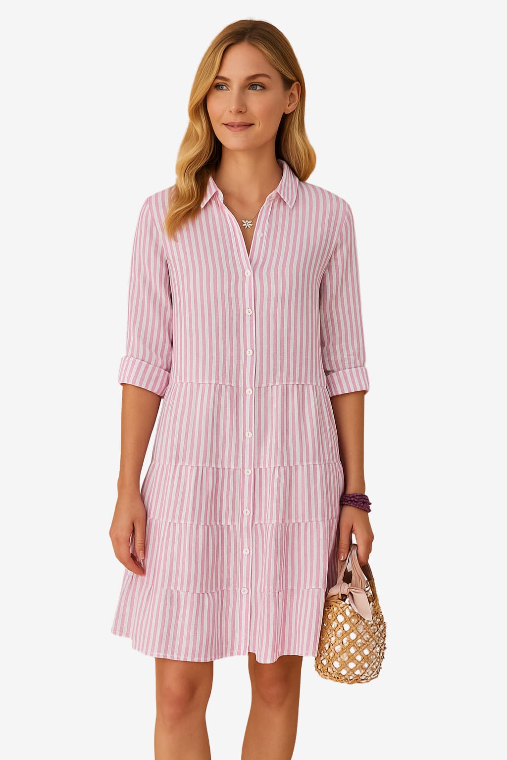 Women’s Striped Shirt Dress Button Up Knee Length Casual