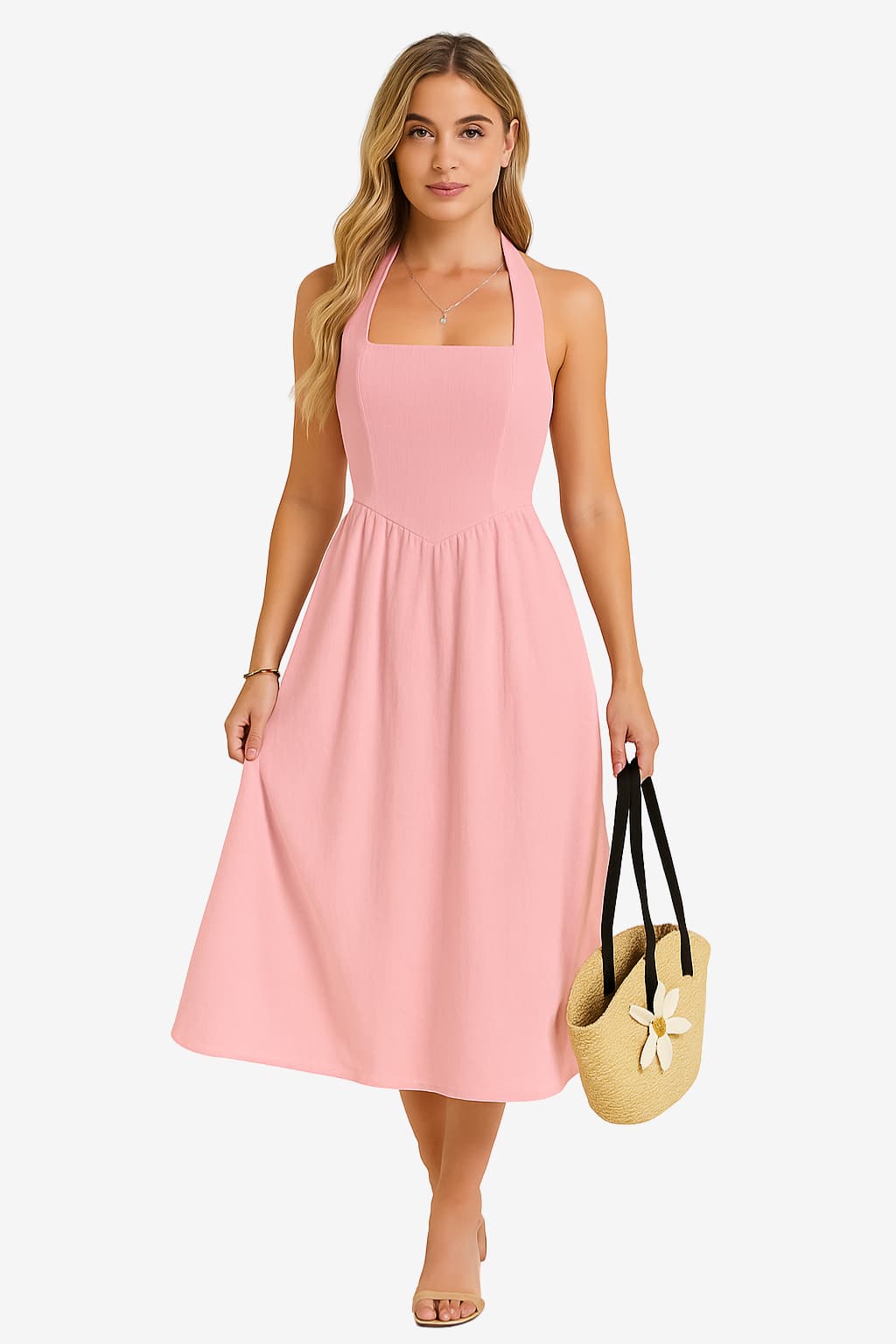 Women's Cotton Linen Halter Midi Dress - Sleeveless A-Line Fit for Summer