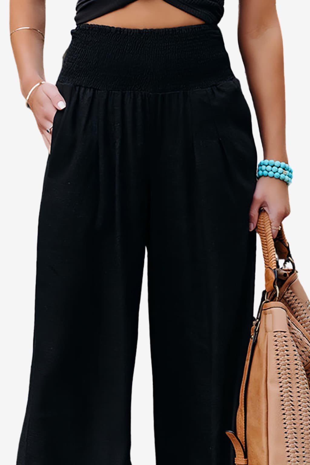 Women’s Wide Leg Linen Trousers - Elastic Waist Summer Fit