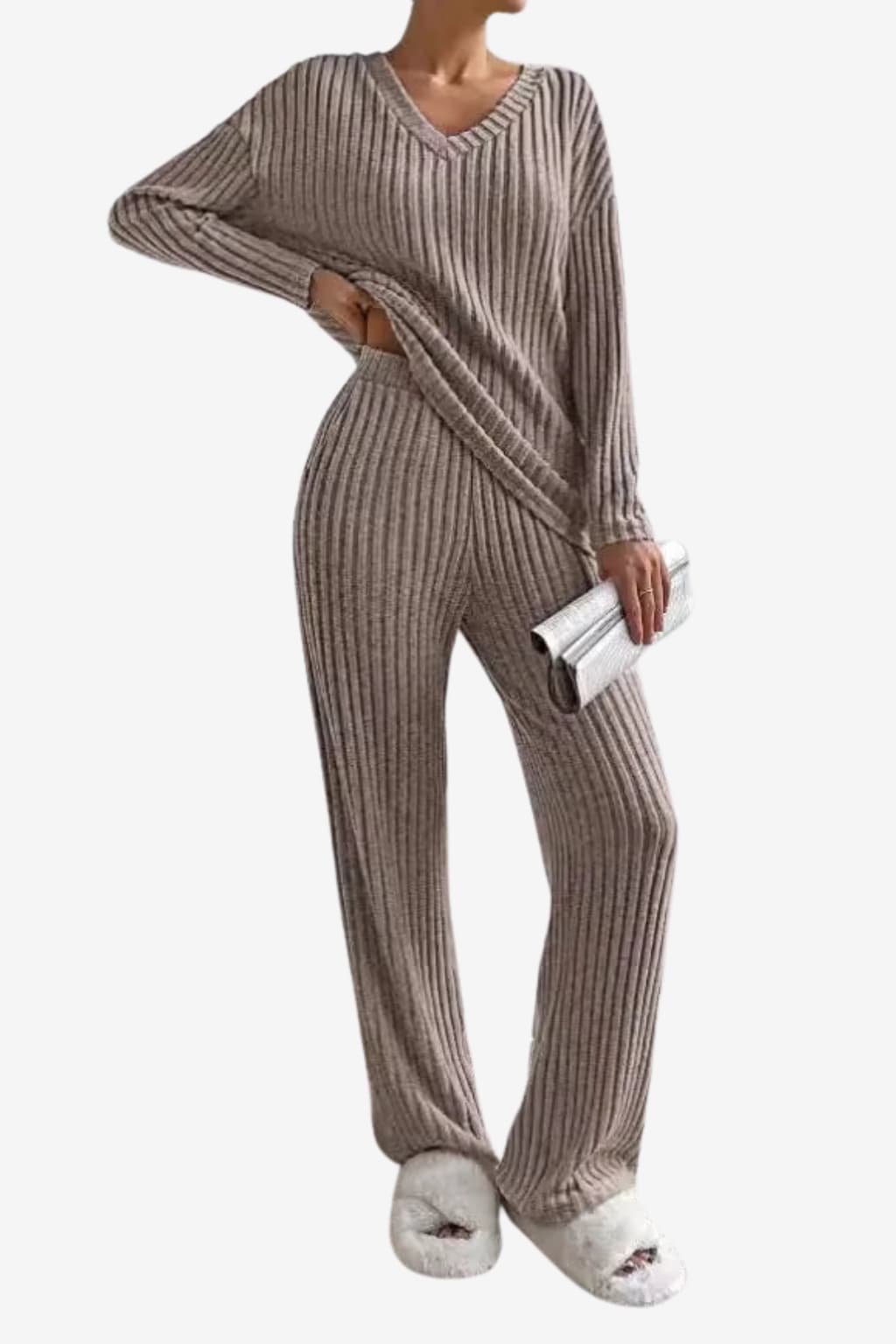 Women’s Ribbed Knit Lounge Set V-Neck Top Trousers