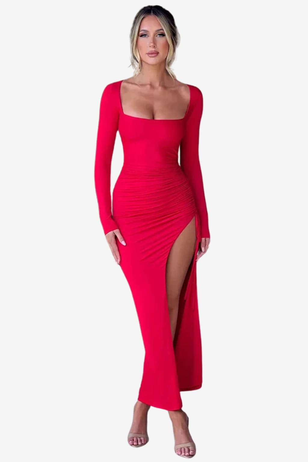 Women's Long Sleeve Maxi Dress with Asymmetrical Split