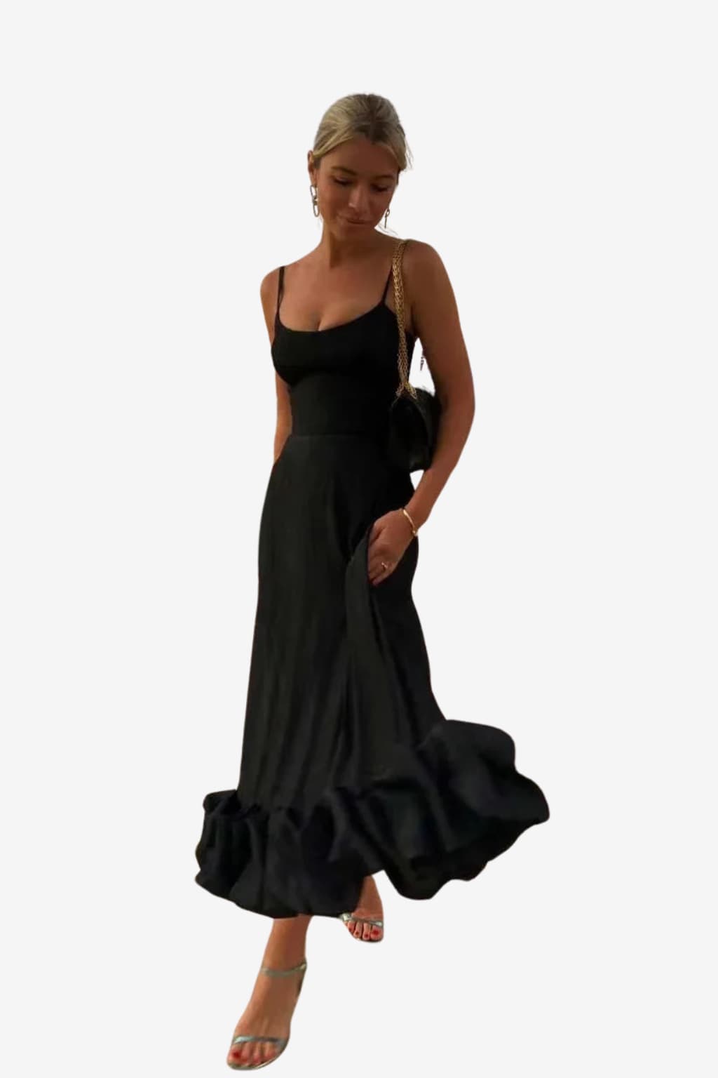 Women's Midi Dress with Spaghetti Straps and Ruffled Hem