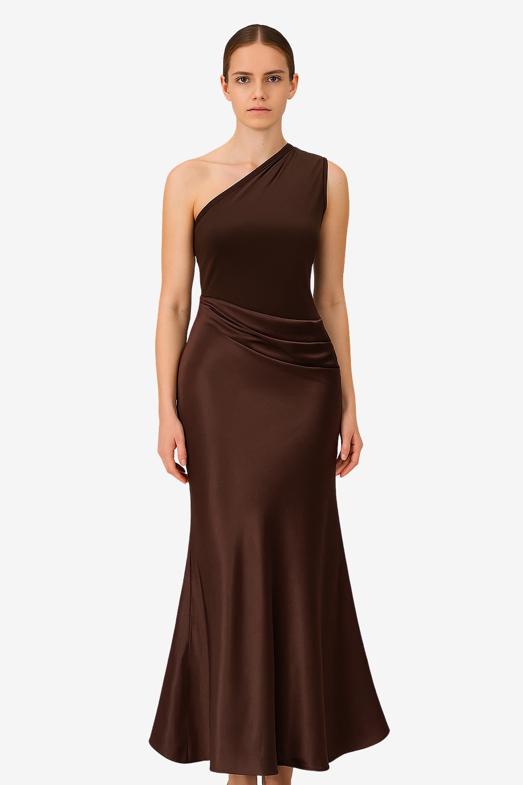 Women's Brown One-Shoulder Fitted Maxi Evening Dress