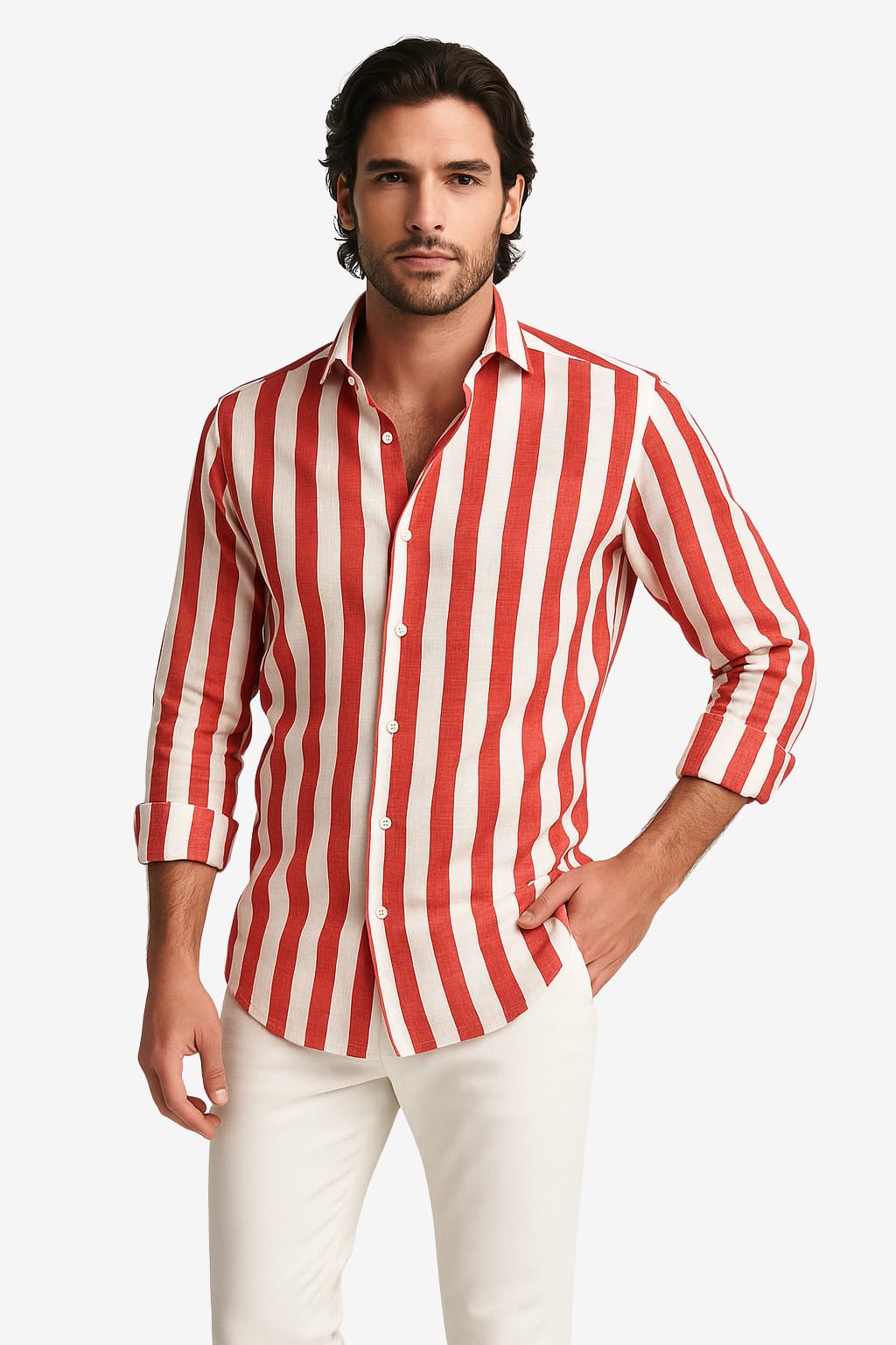 Men’s Long Sleeve Linen Shirt Striped Summer Casual Fit