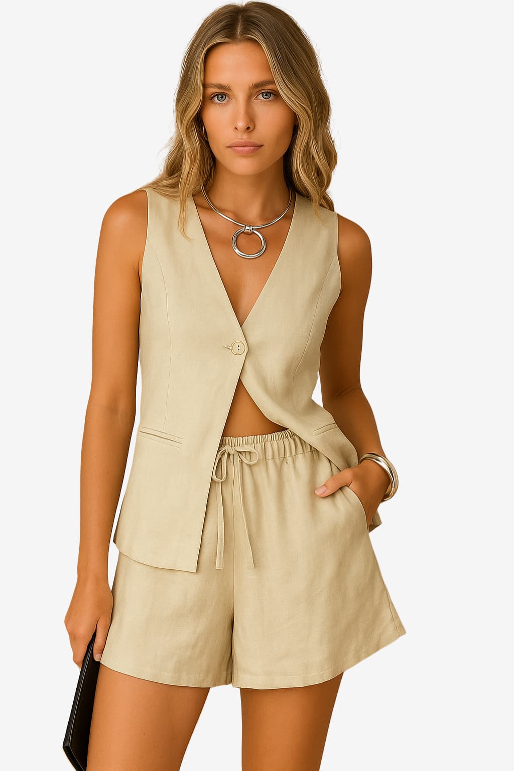 Women’s Sleeveless V-Neck Summer Shorts Two-Piece Set