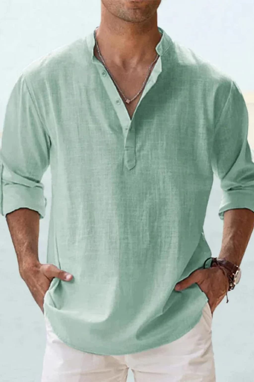 Men's Long - Sleeve Henley Shirt Purple Mandarin Collar