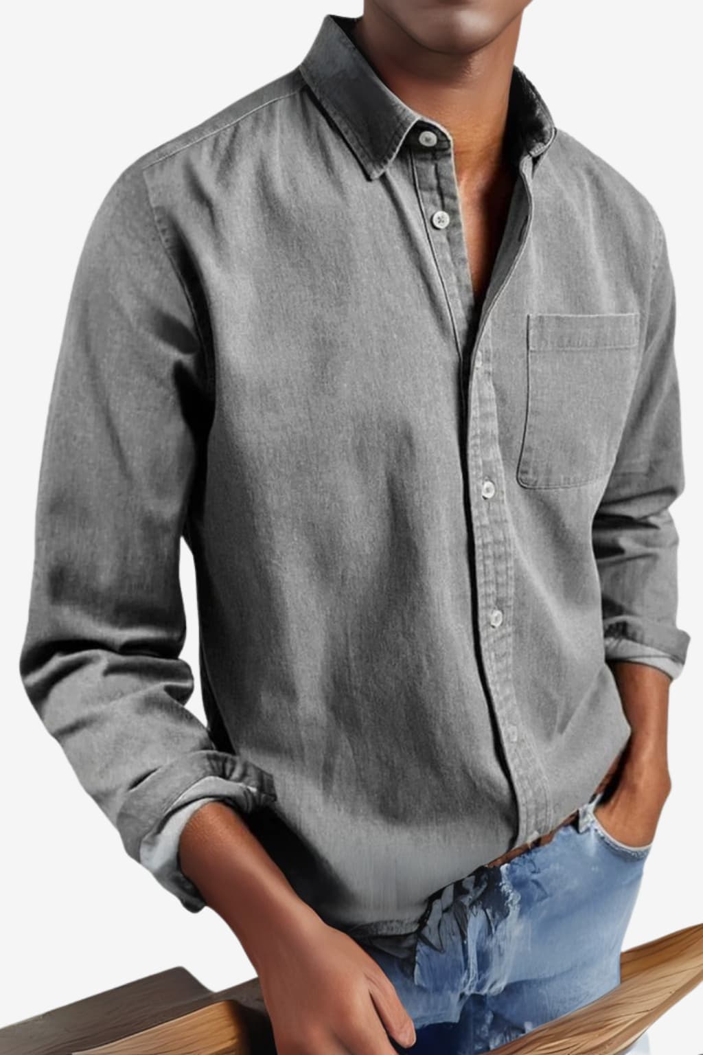 Men’s Long Sleeve Denim Shirt Casual Button-Up Top