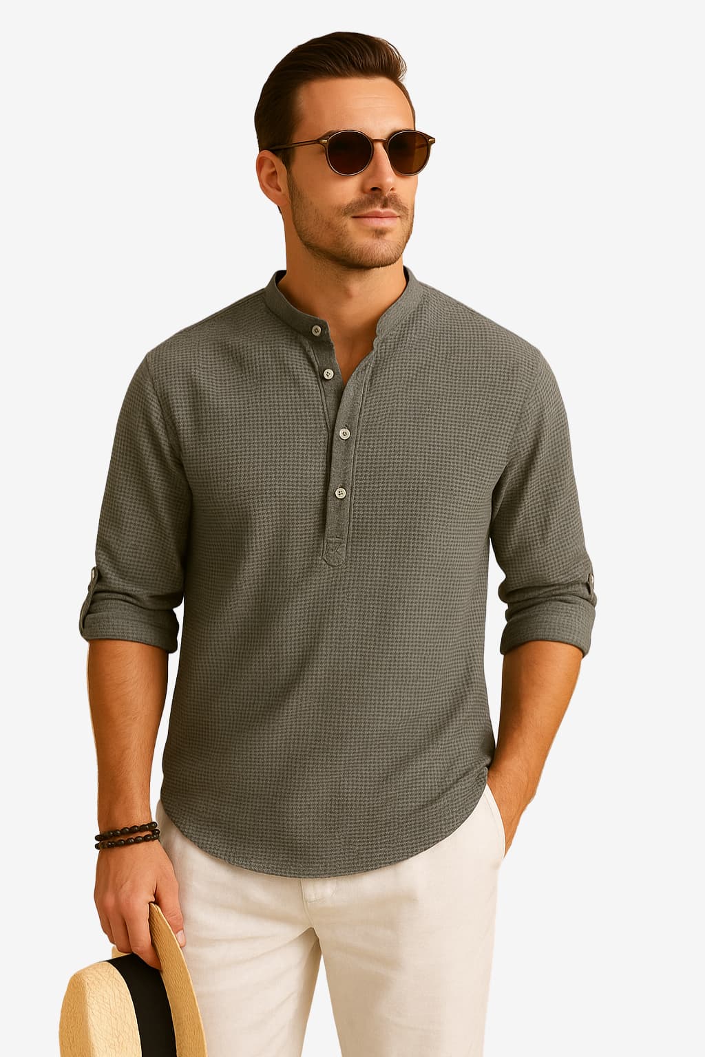 Men’s Linen Blend Shirt Long Sleeve Band Collar Casual