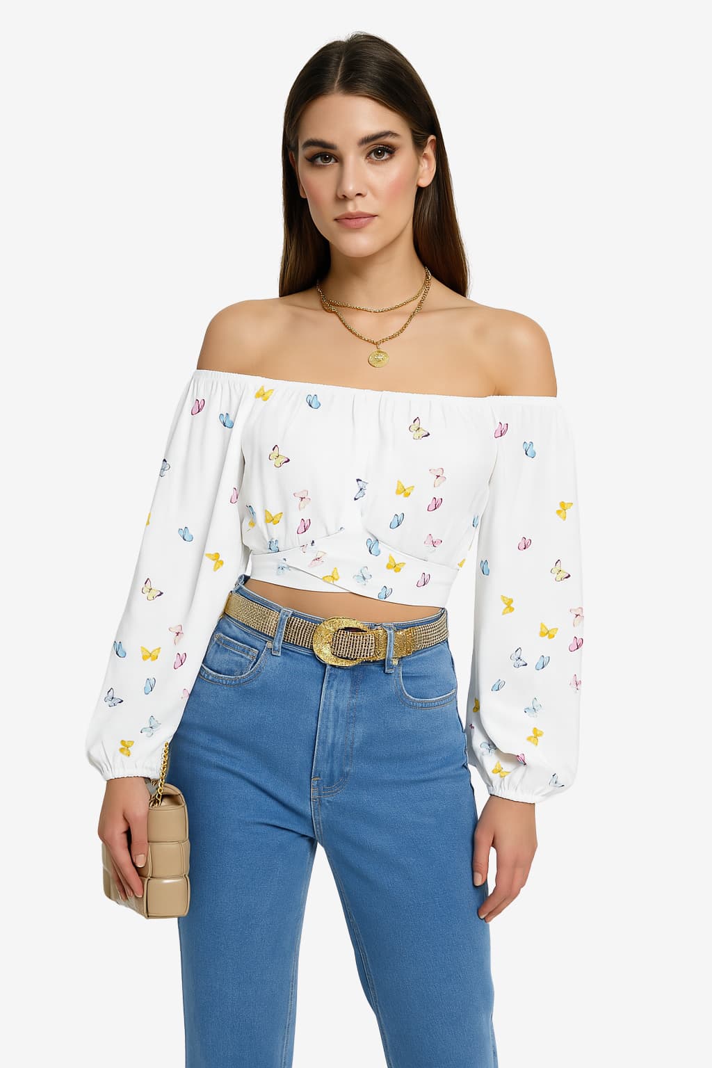 Women’s Boho Off-Shoulder Top Long Sleeve Light Blue