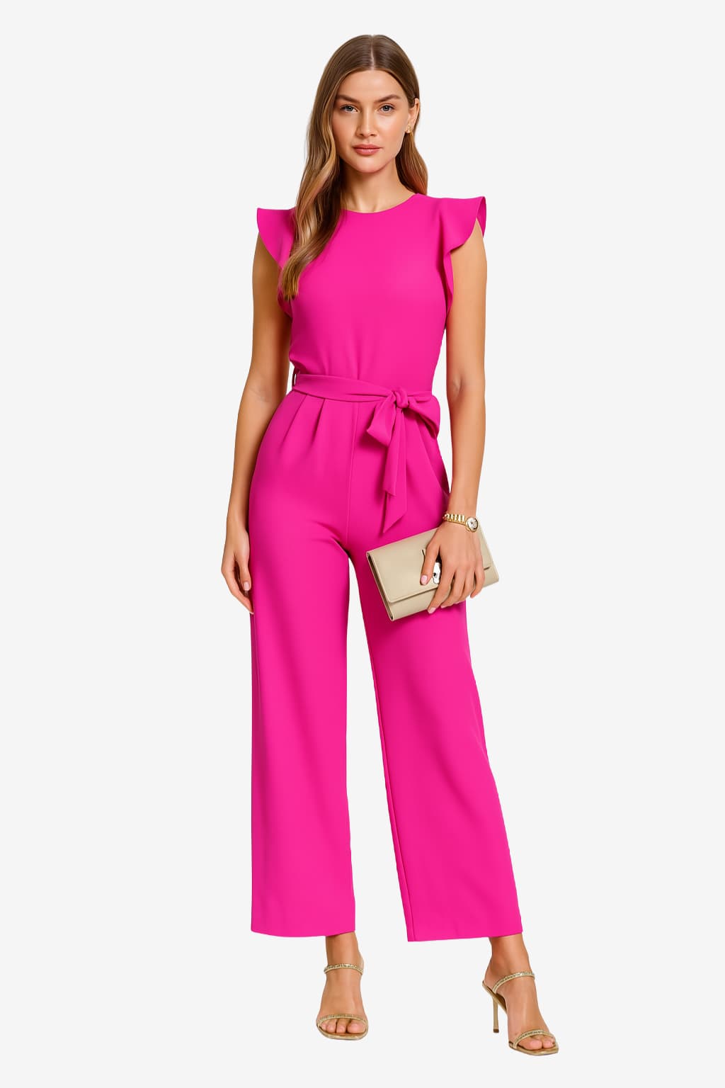 Women’s Wide Leg Jumpsuit with Belt and Cap Sleeves