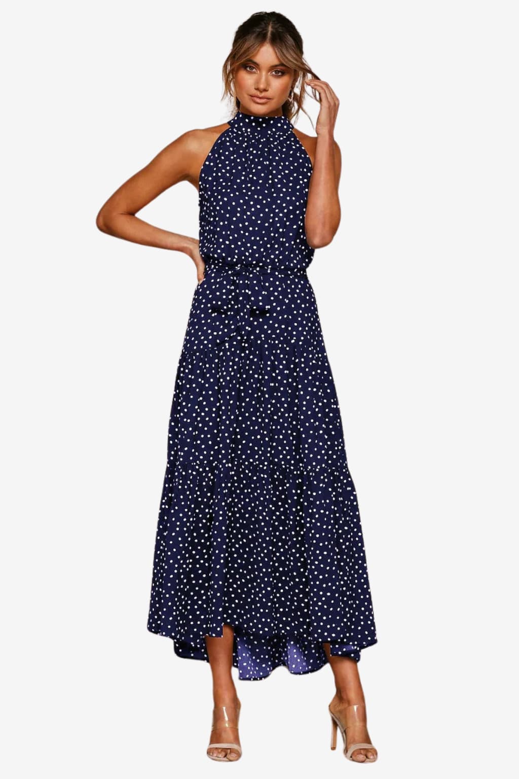 Women’s Polka Dot Halter Midi Dress Sleeveless Fit