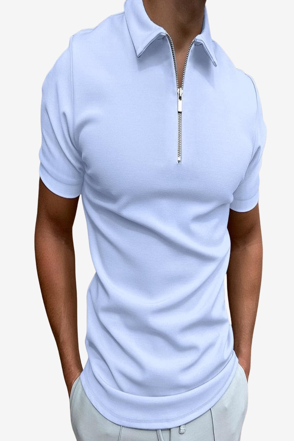 Men's Slim Fit Short Sleeve Zip-Up Polo Shirt Light Grey