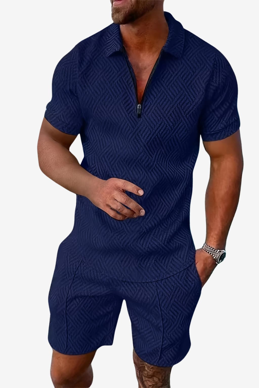 Men’s Summer Short Set Zip-Up Top Geometric Print