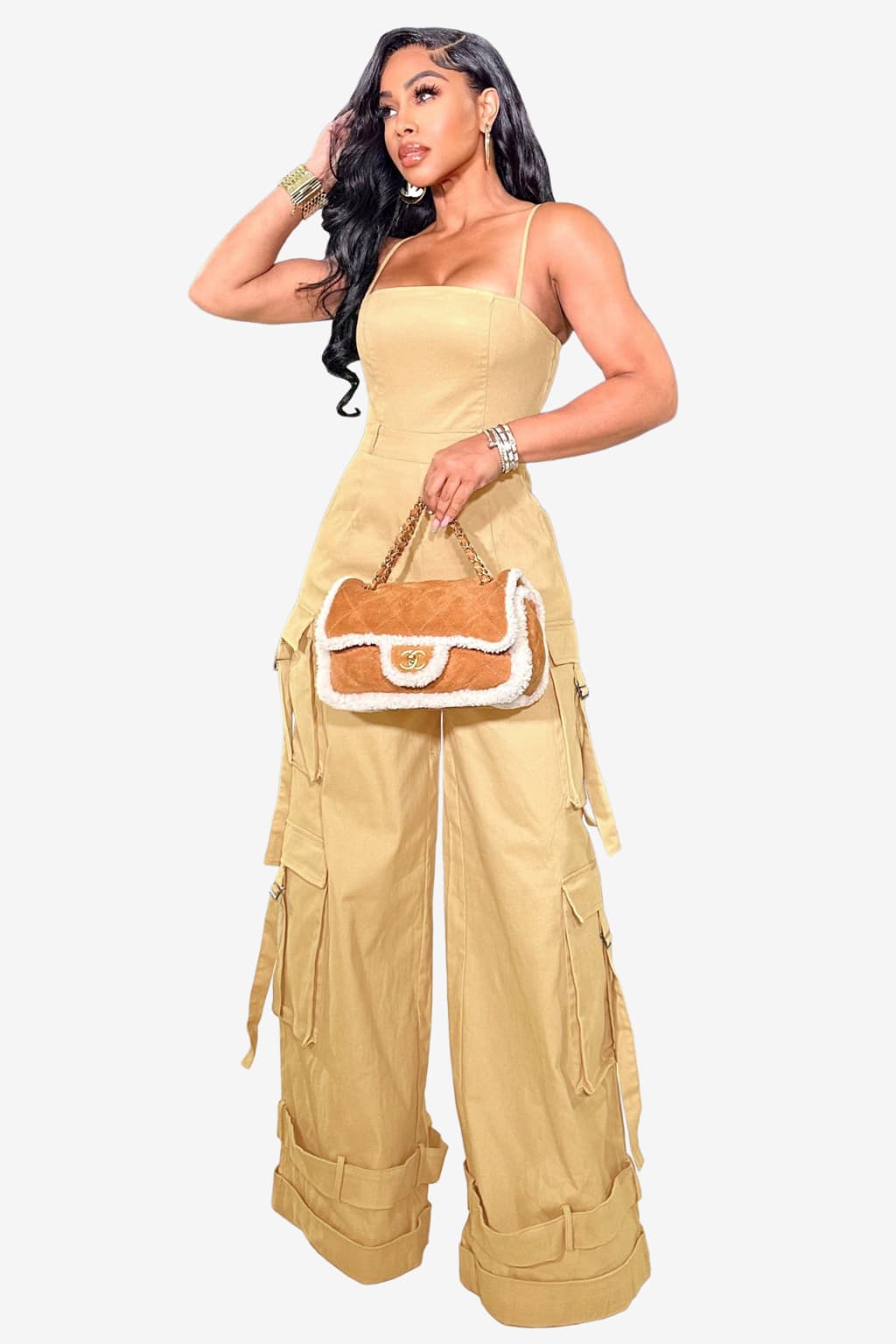 Women's Wide-Leg Cargo Jumpsuit with Spaghetti Straps
