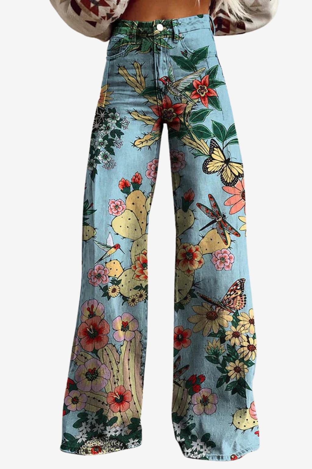 Women's Vintage Daisy Print Wide-Leg Trousers High-Waisted