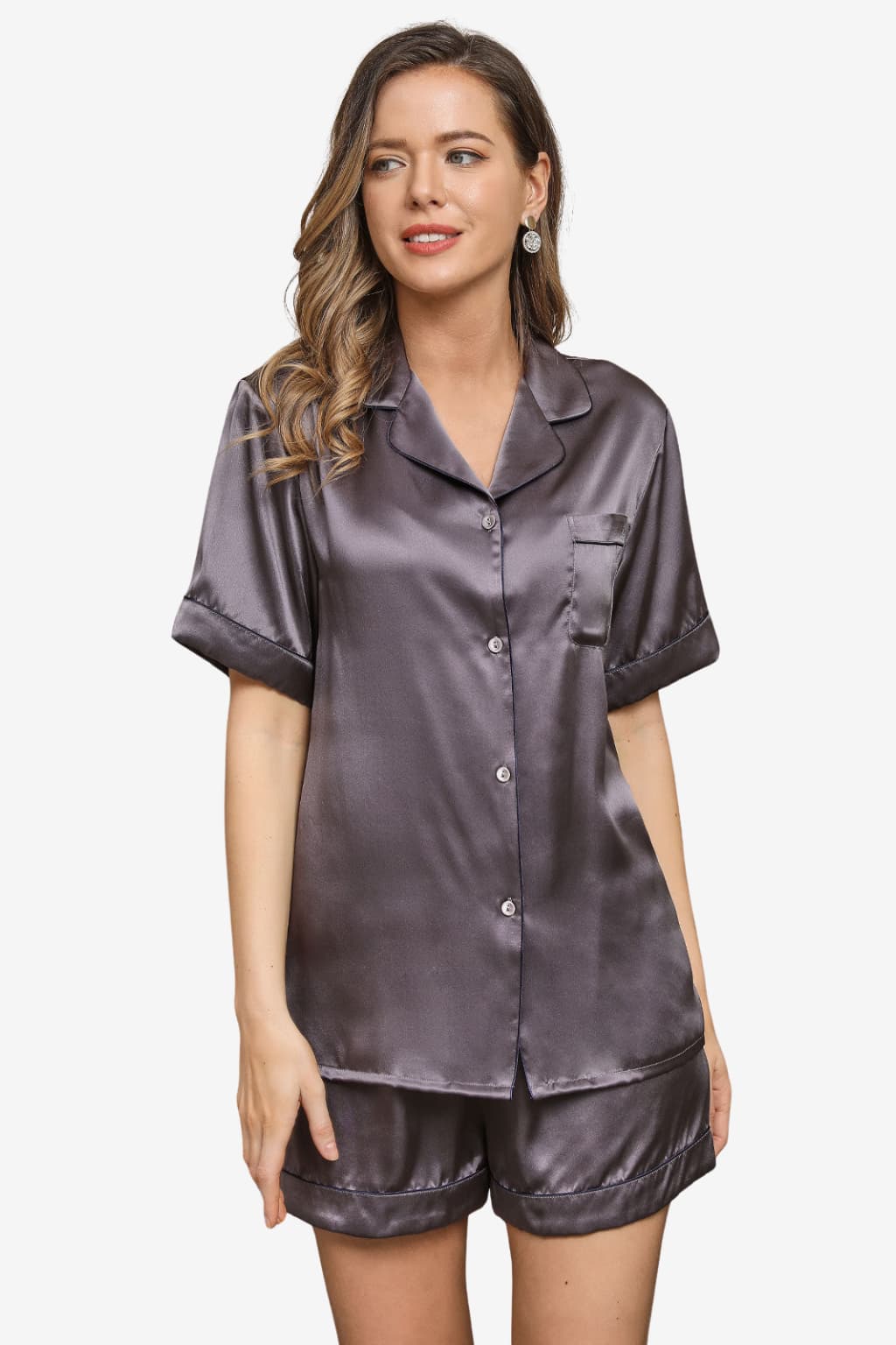 Women's Satin Short-Sleeve Pyjama Set with Notched Collar
