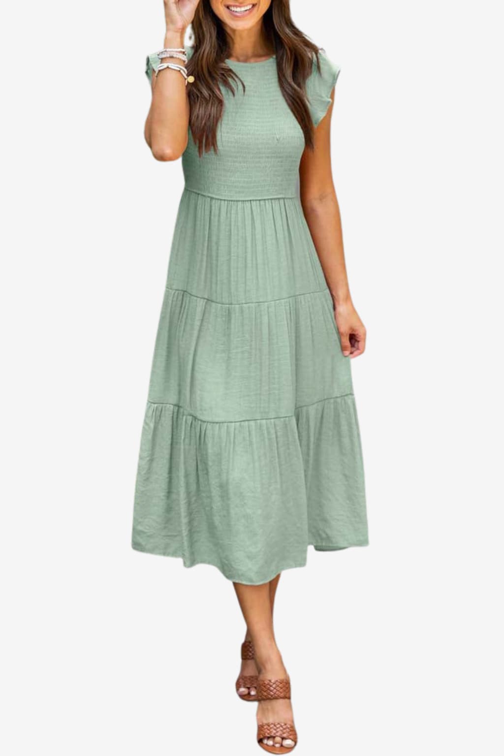 Women's Cotton Pleated Midi Dress Short Sleeve Summer